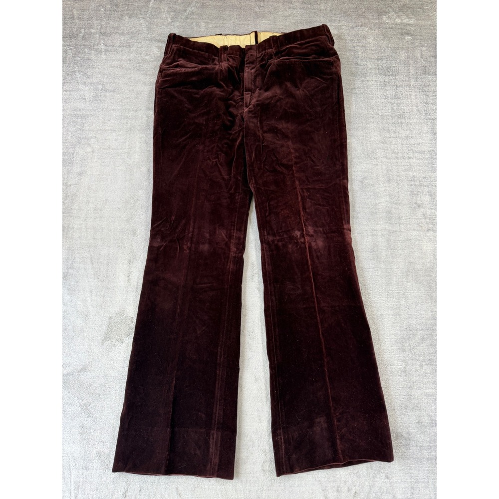 Vintage Velvet Trousers Mens 30x30 Burgundy 1970s Flare Lightning Zip Pants